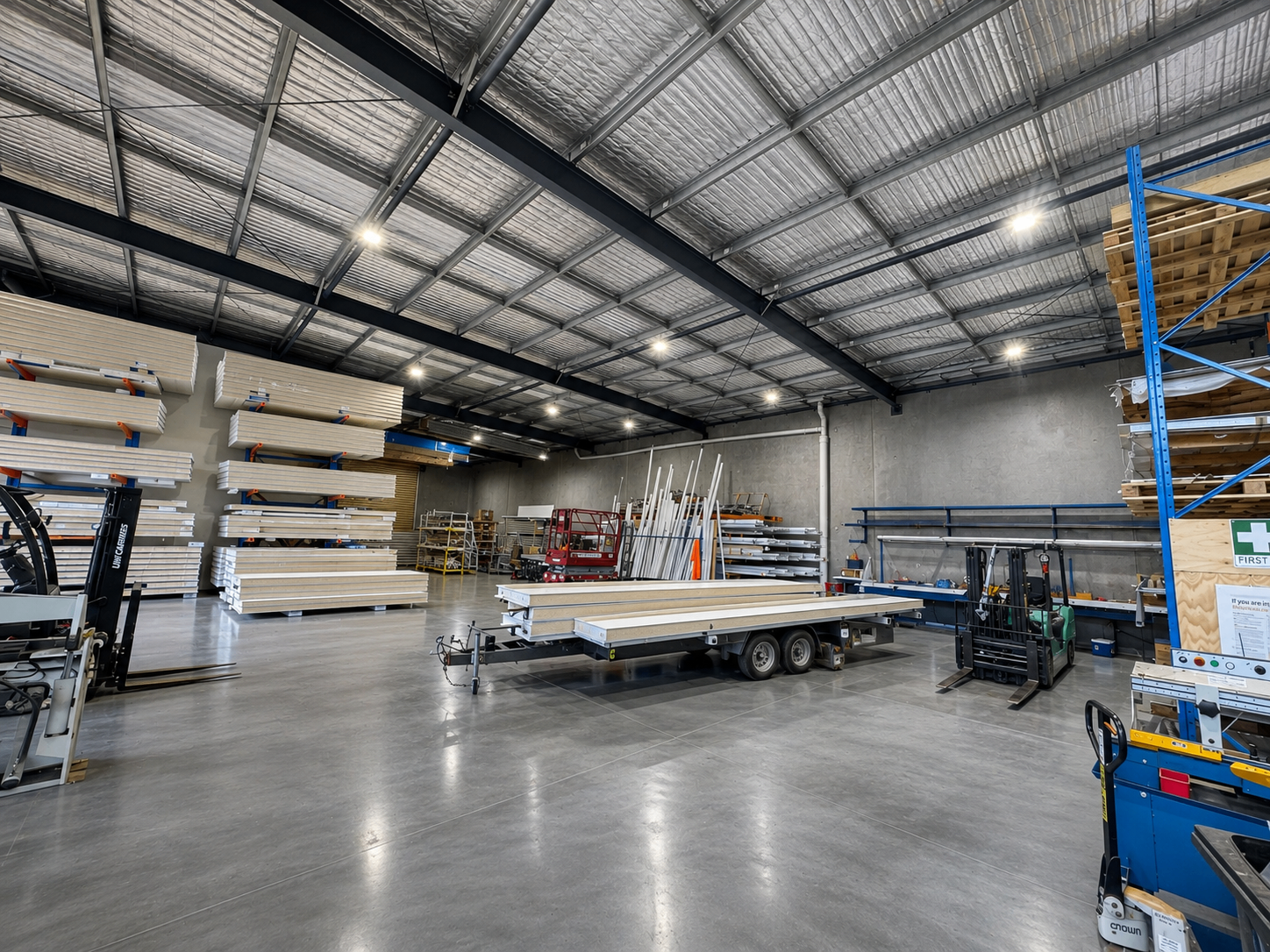Square IPC Melbourne warehouse with stacked insulated panels, forklifts and trailer ready for dispatch