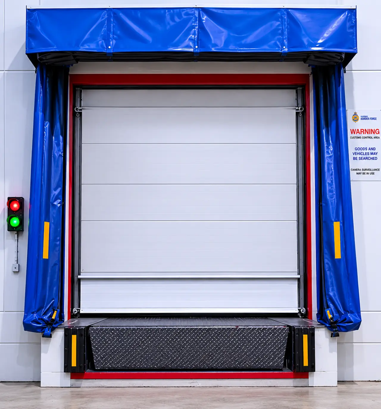 Distribution centre loading dock system — dock shelter, seals and sectional doors