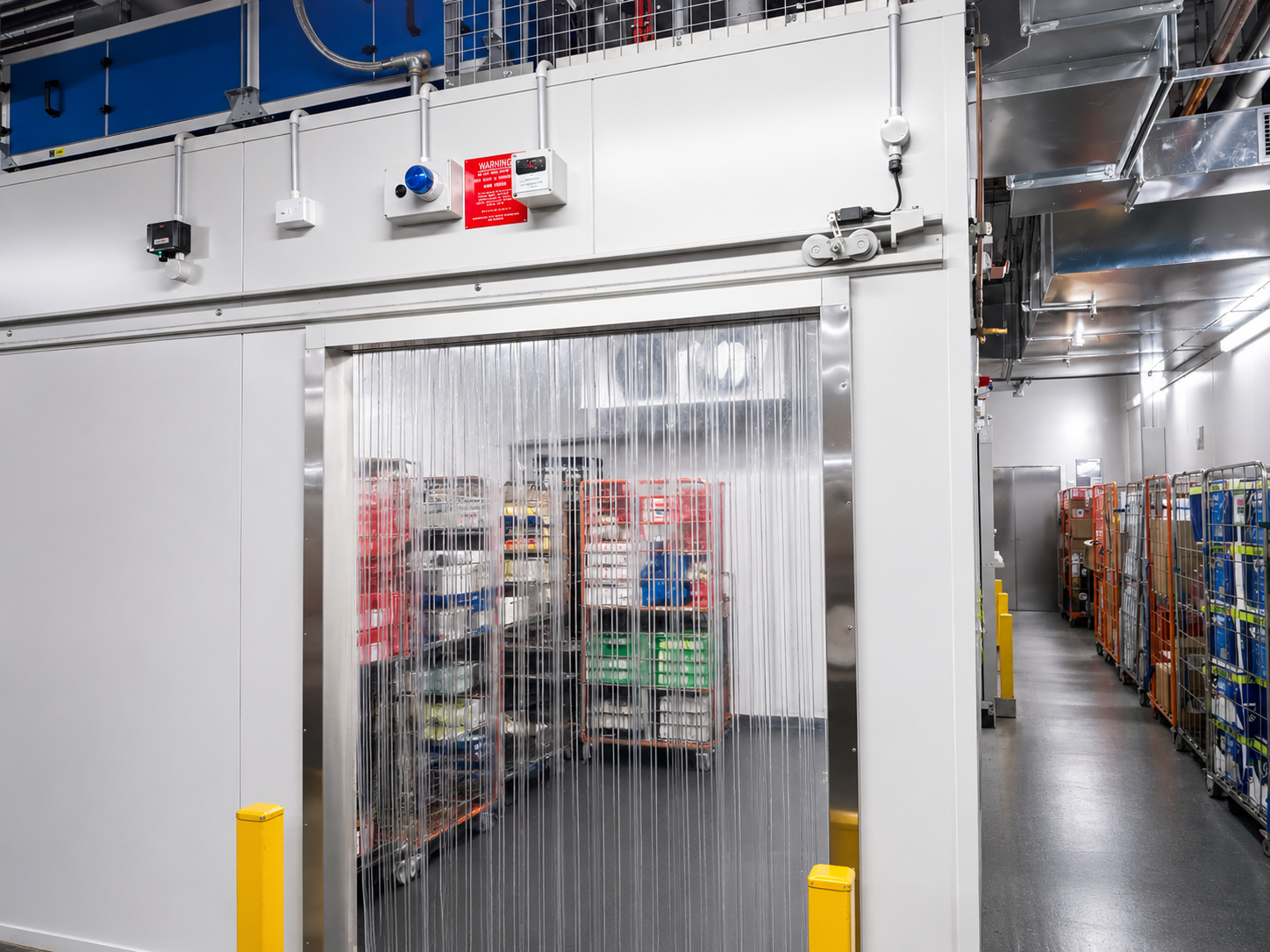 Strip curtain door at a cold storage entry in an operating facility